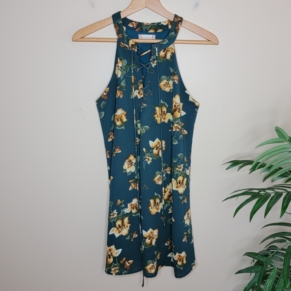 Altar'd State | Dark Teal & Tan Floral Print Lace-up Trapeze Mini Dress Medium - Picture 1 of 5